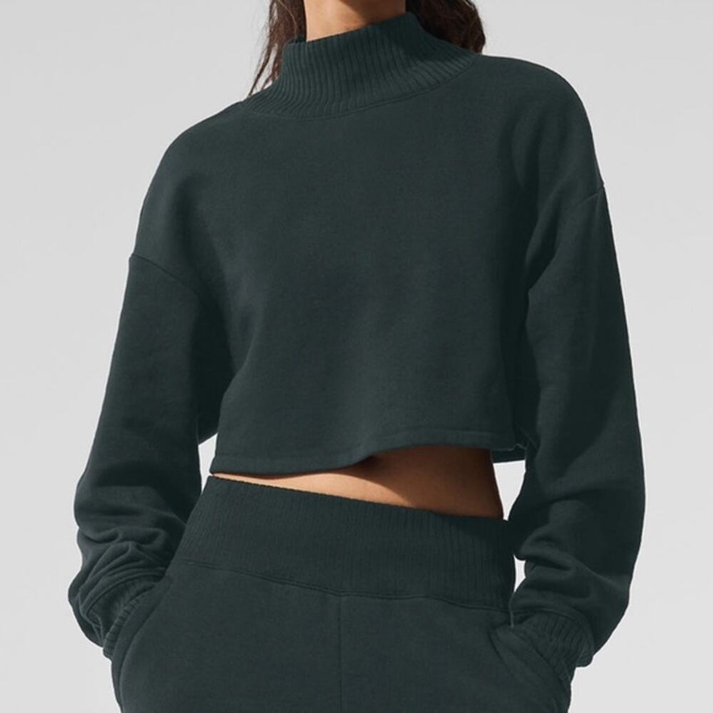 ALO | Women's Cropped Serenity Coverup Charcoal Green Pullover Sz S
